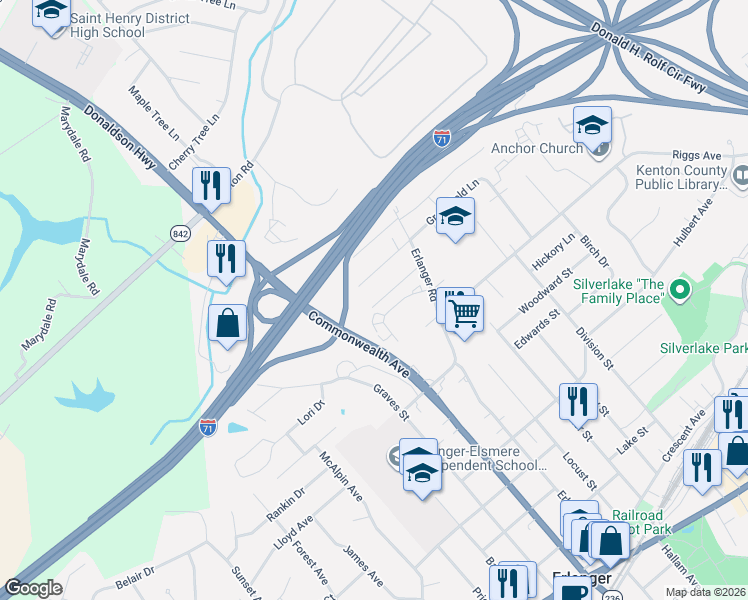 map of restaurants, bars, coffee shops, grocery stores, and more near 3421 Cintonya Drive in Erlanger