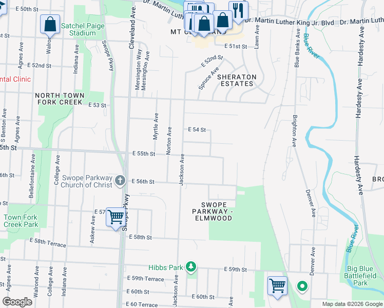 map of restaurants, bars, coffee shops, grocery stores, and more near 5509 Jackson Avenue in Kansas City
