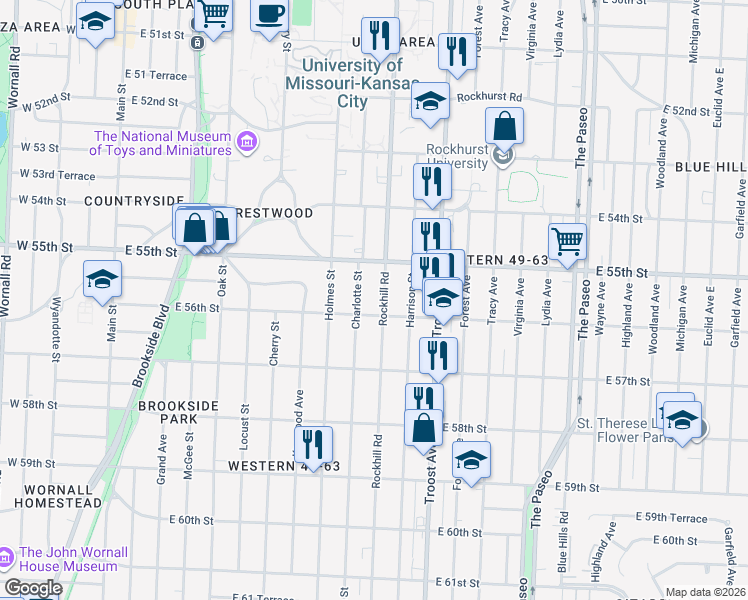 map of restaurants, bars, coffee shops, grocery stores, and more near 5544 Rockhill Road in Kansas City