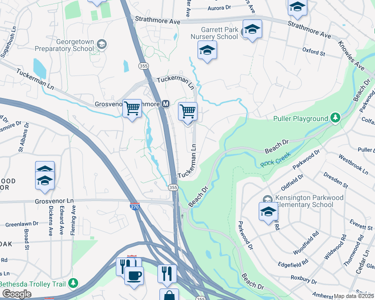 map of restaurants, bars, coffee shops, grocery stores, and more near 10320 Strathmore Hall Street in North Bethesda
