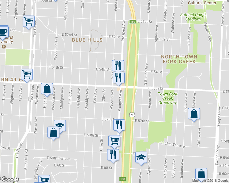 map of restaurants, bars, coffee shops, grocery stores, and more near 5515 Wabash Avenue in Kansas City