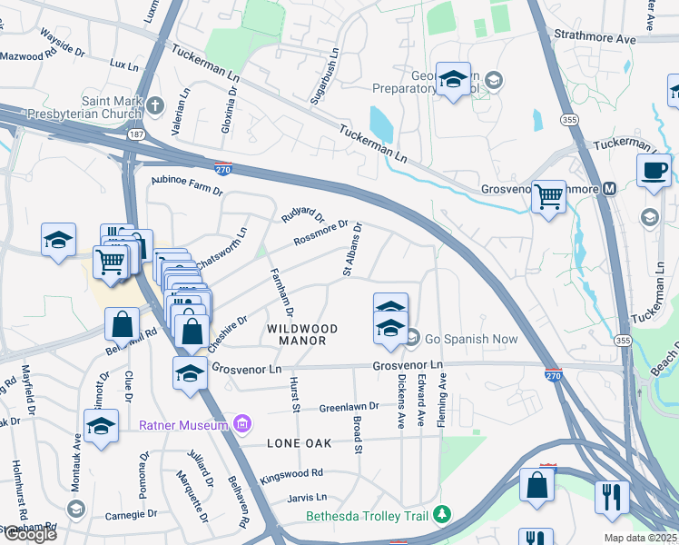 map of restaurants, bars, coffee shops, grocery stores, and more near 10300 Saint Albans Drive in Bethesda