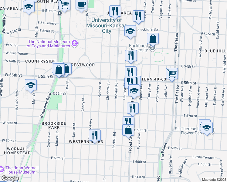 map of restaurants, bars, coffee shops, grocery stores, and more near 5544 Rockhill Road in Kansas City