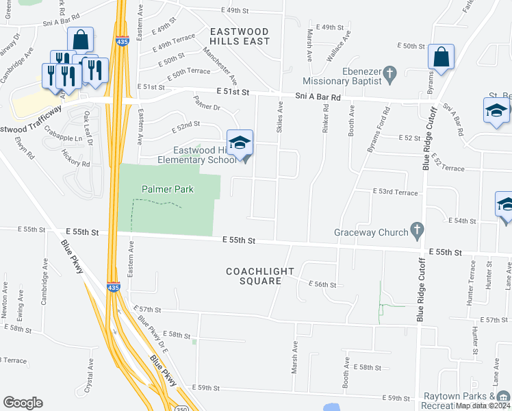 map of restaurants, bars, coffee shops, grocery stores, and more near 5411 Sycamore Avenue in Kansas City