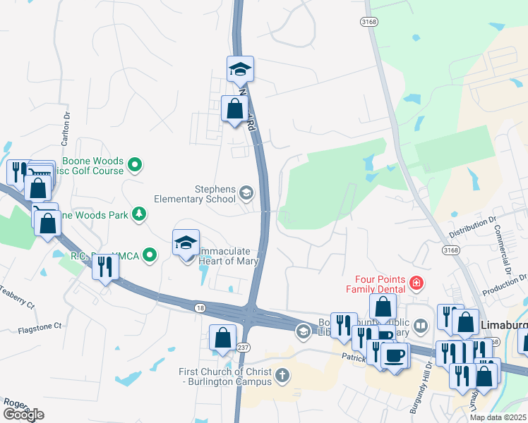 map of restaurants, bars, coffee shops, grocery stores, and more near 5701 North Bend Road in Burlington