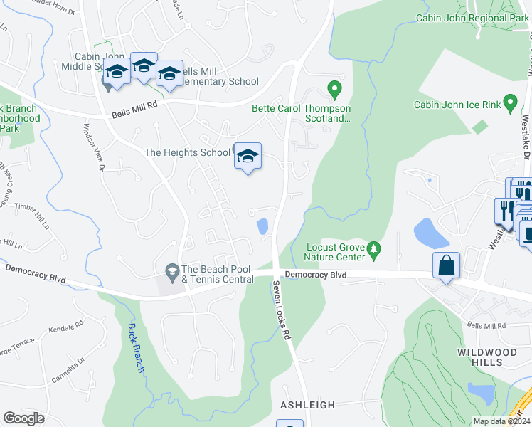 map of restaurants, bars, coffee shops, grocery stores, and more near 8004 Grand Teton Drive in Rockville