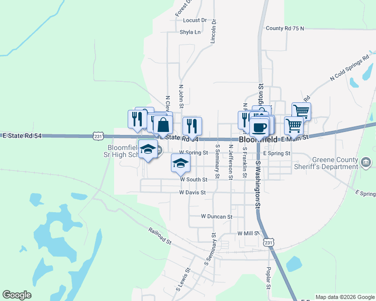 map of restaurants, bars, coffee shops, grocery stores, and more near 327 West Spring Street in Bloomfield