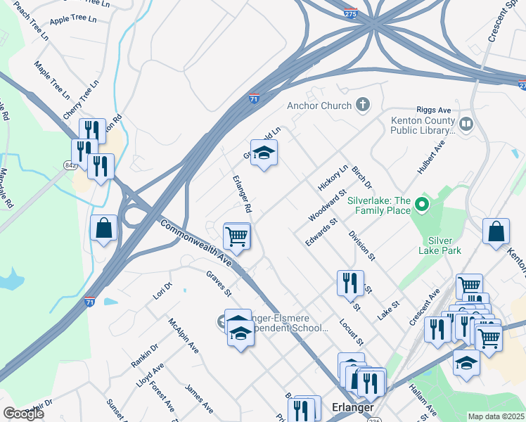 map of restaurants, bars, coffee shops, grocery stores, and more near 3239 Riggs Road in Erlanger