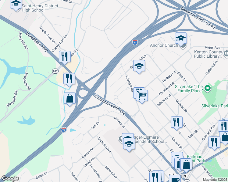 map of restaurants, bars, coffee shops, grocery stores, and more near 3421 Cintonya Drive in Erlanger