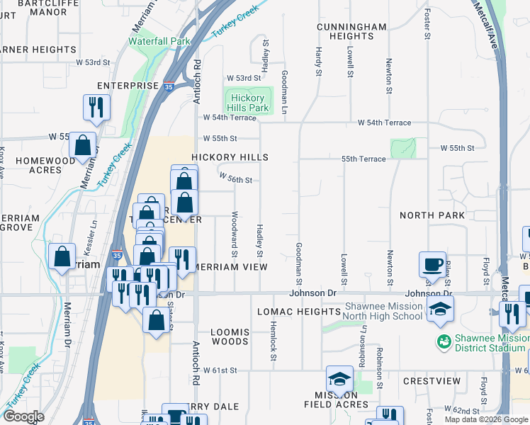 map of restaurants, bars, coffee shops, grocery stores, and more near 5704 Hadley Street in Merriam