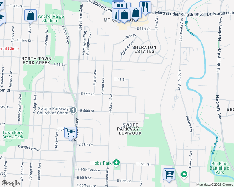 map of restaurants, bars, coffee shops, grocery stores, and more near 5509 Jackson Avenue in Kansas City
