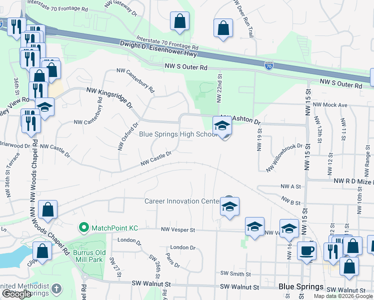 map of restaurants, bars, coffee shops, grocery stores, and more near 2318 Northwest Kensington Court in Blue Springs
