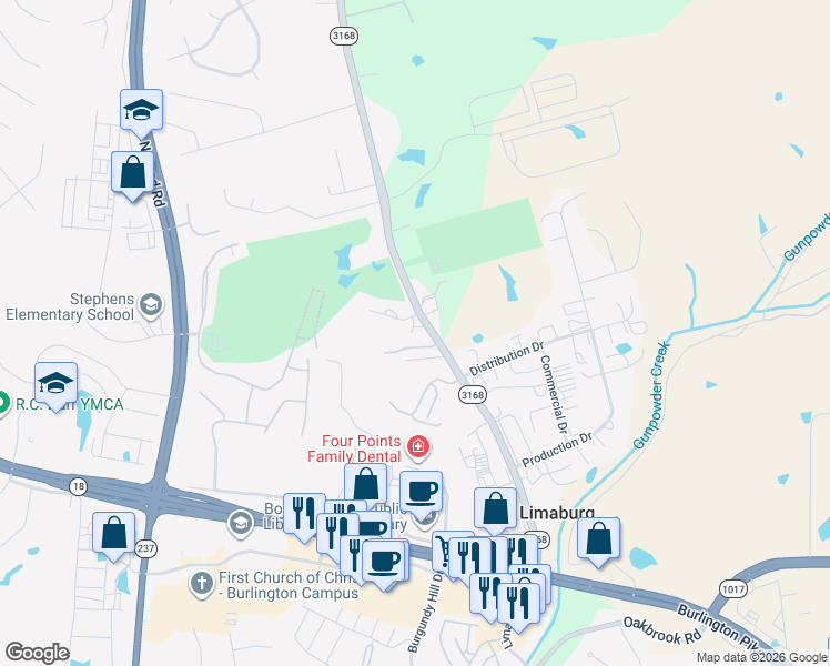 map of restaurants, bars, coffee shops, grocery stores, and more near 1675 Val Court in Burlington
