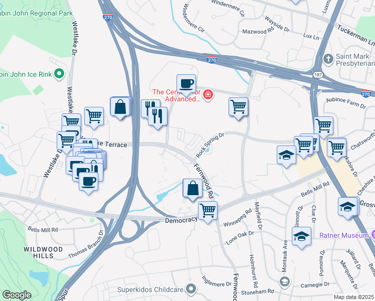 map of restaurants, bars, coffee shops, grocery stores, and more near 10419 Fernwood Road in Bethesda