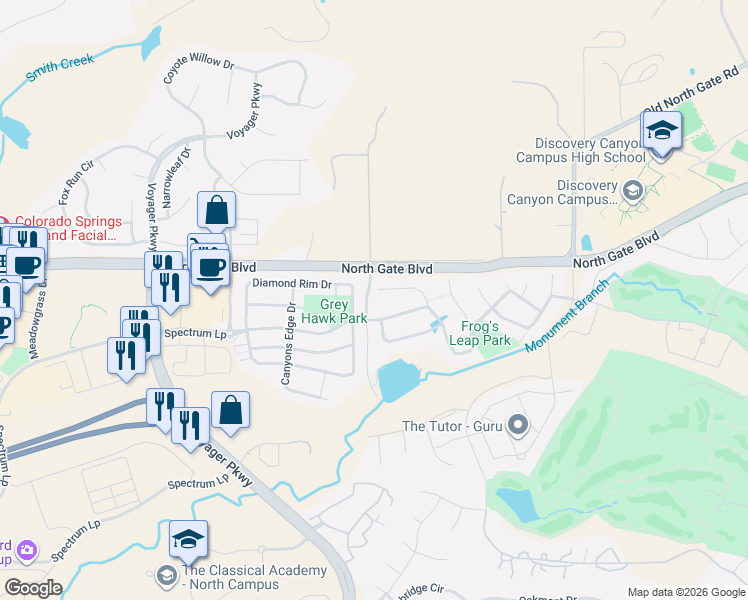 map of restaurants, bars, coffee shops, grocery stores, and more near 1205 Diamond Rim Drive in Colorado Springs