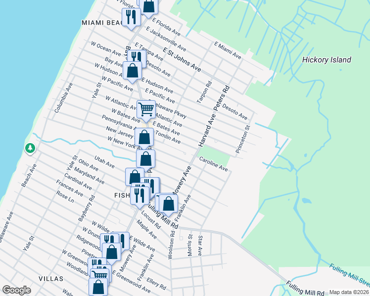 map of restaurants, bars, coffee shops, grocery stores, and more near 22 Mowery Avenue in Villas