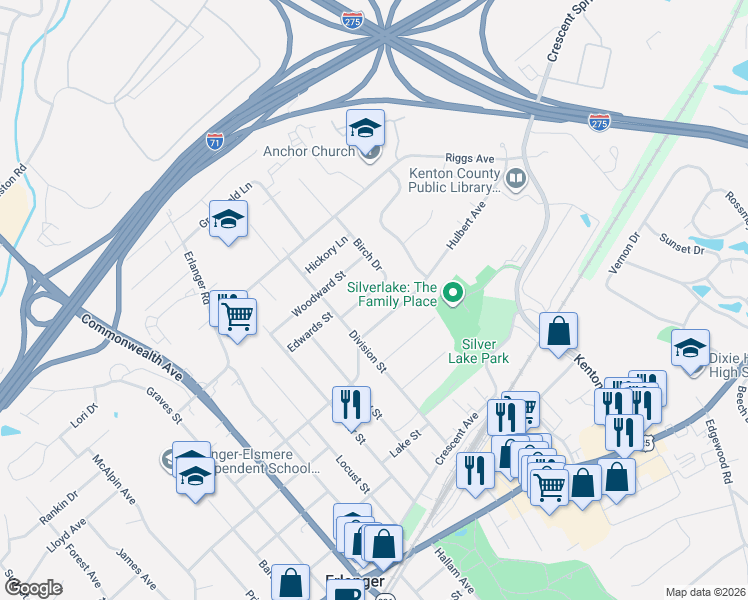 map of restaurants, bars, coffee shops, grocery stores, and more near 3164 Hulbert Avenue in Erlanger