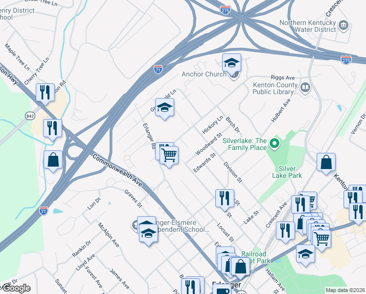 map of restaurants, bars, coffee shops, grocery stores, and more near 452 Center Street in Erlanger