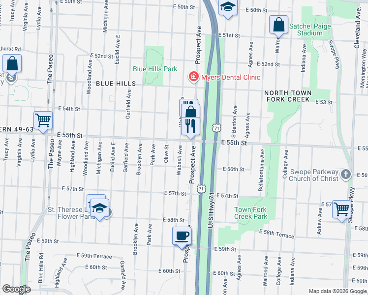 map of restaurants, bars, coffee shops, grocery stores, and more near 5528 Prospect Avenue in Kansas City