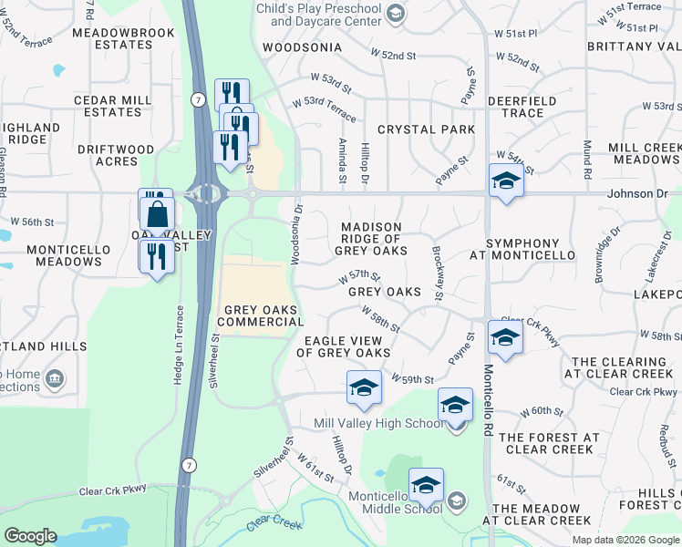 map of restaurants, bars, coffee shops, grocery stores, and more near 22419 West 57th Street in Shawnee