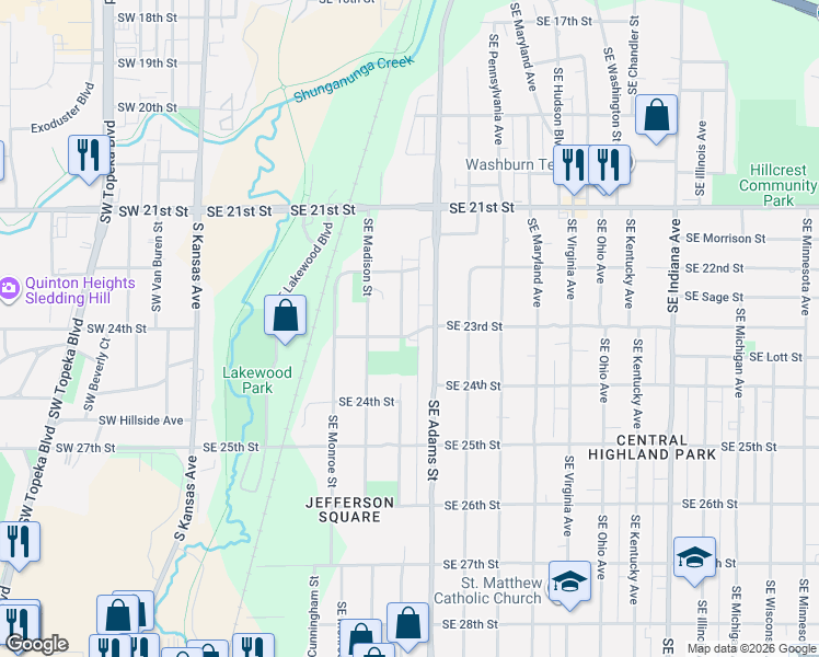 map of restaurants, bars, coffee shops, grocery stores, and more near 421 Southeast 23rd Street in Topeka