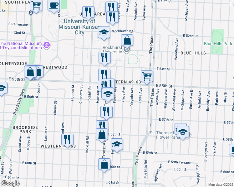 map of restaurants, bars, coffee shops, grocery stores, and more near 5527 Forest Avenue in Kansas City