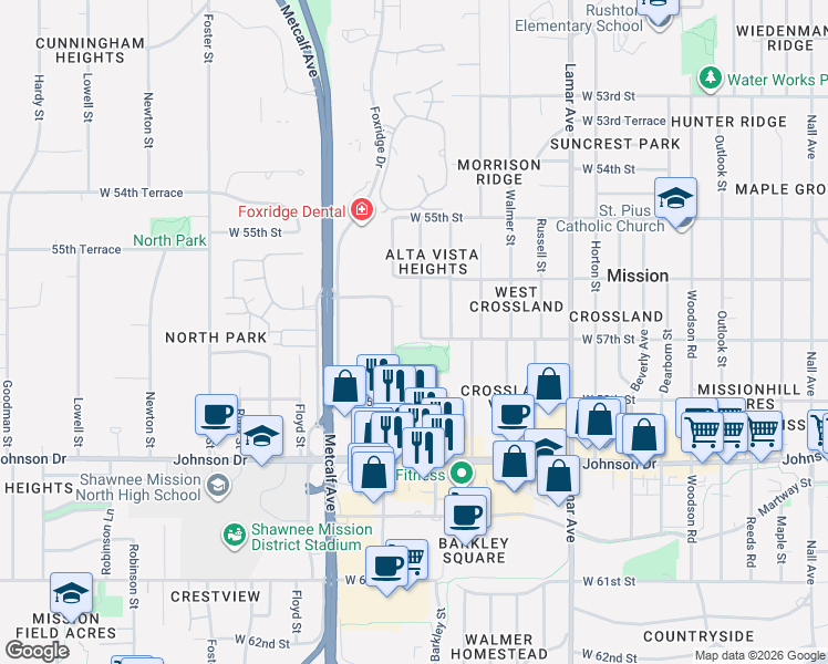 map of restaurants, bars, coffee shops, grocery stores, and more near 5644 Barkley Street in Mission