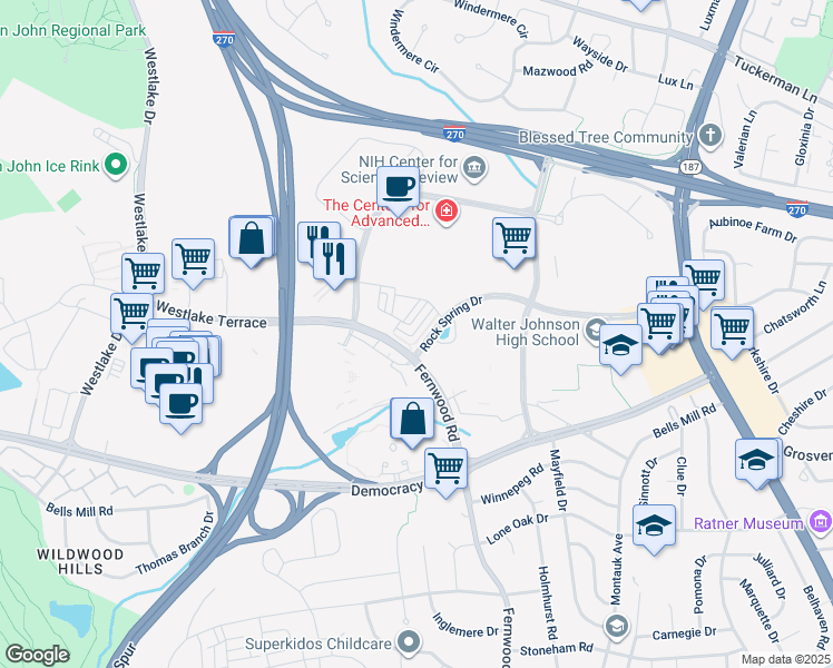 map of restaurants, bars, coffee shops, grocery stores, and more near 6589 Rock Spring Drive in Bethesda