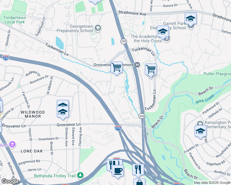 map of restaurants, bars, coffee shops, grocery stores, and more near 10301 Grosvenor Place in North Bethesda