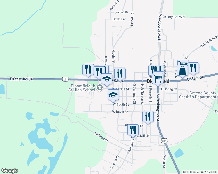 map of restaurants, bars, coffee shops, grocery stores, and more near 435 West Spring Street in Bloomfield