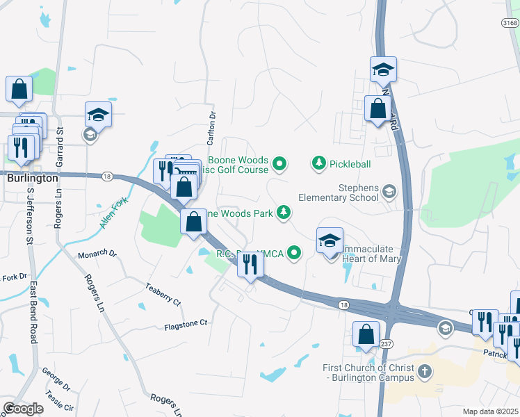 map of restaurants, bars, coffee shops, grocery stores, and more near 2371 Creedmore Court in Burlington