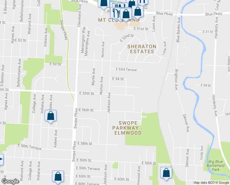 map of restaurants, bars, coffee shops, grocery stores, and more near 5509 Jackson Avenue in Kansas City