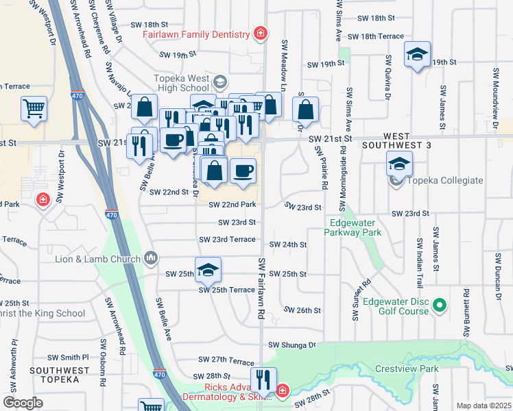 map of restaurants, bars, coffee shops, grocery stores, and more near 2310 Southwest Fairlawn Road in Topeka