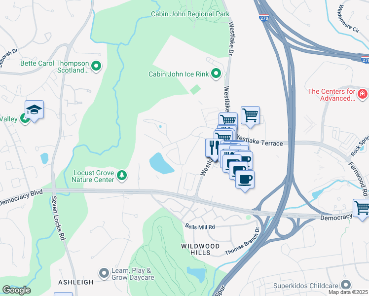 map of restaurants, bars, coffee shops, grocery stores, and more near 7420 Westlake Terrace in Bethesda