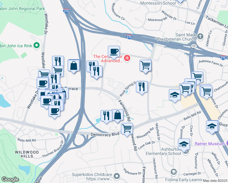 map of restaurants, bars, coffee shops, grocery stores, and more near 10421 Fernwood Road in Bethesda