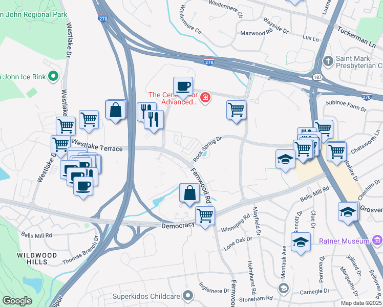 map of restaurants, bars, coffee shops, grocery stores, and more near 6587 Rock Spring Drive in Bethesda