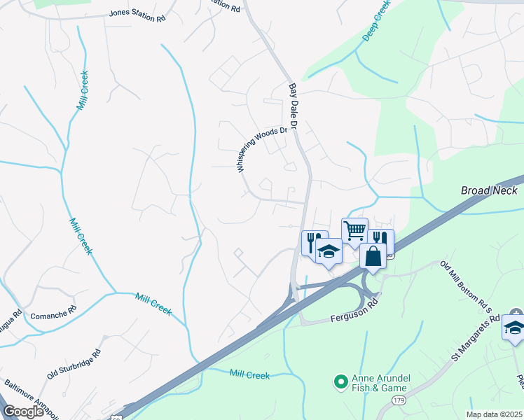 map of restaurants, bars, coffee shops, grocery stores, and more near 1505 Hickory Wood Drive in Annapolis