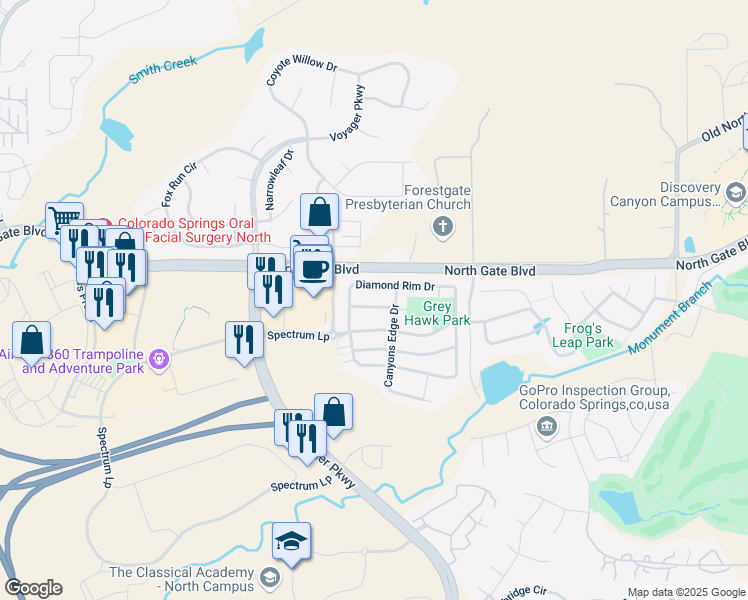map of restaurants, bars, coffee shops, grocery stores, and more near 848 Altamont Ridge Drive in Colorado Springs
