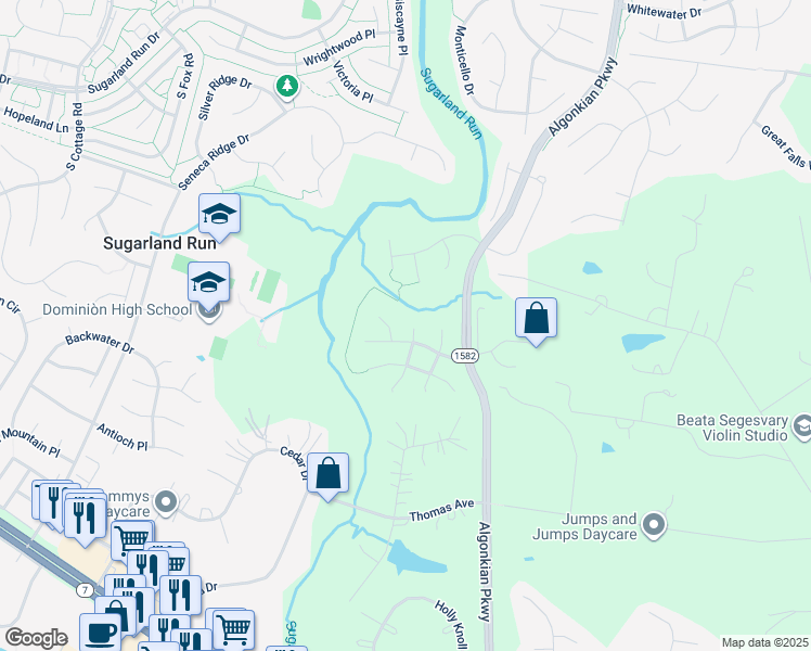 map of restaurants, bars, coffee shops, grocery stores, and more near 21305 Highwood Court in Sterling