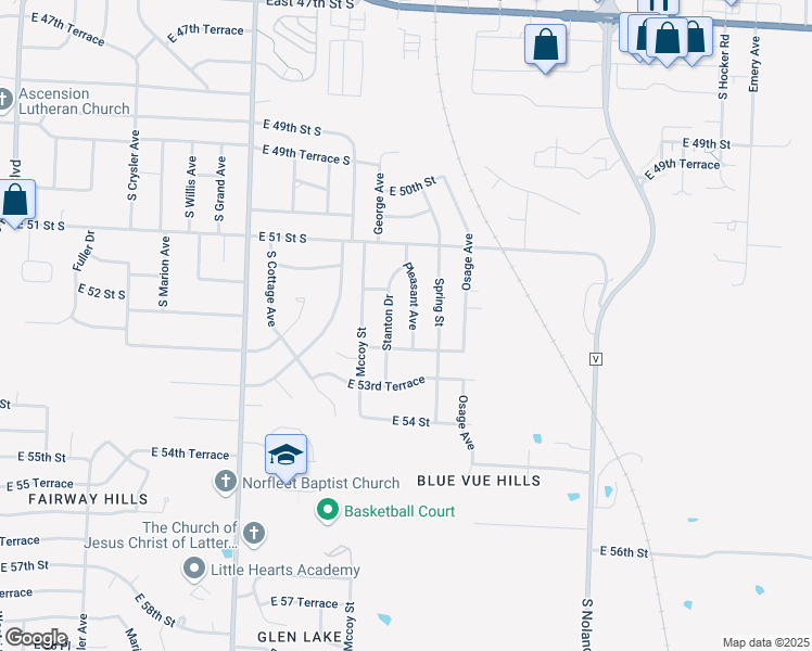map of restaurants, bars, coffee shops, grocery stores, and more near 5224 Pleasant Avenue in Kansas City