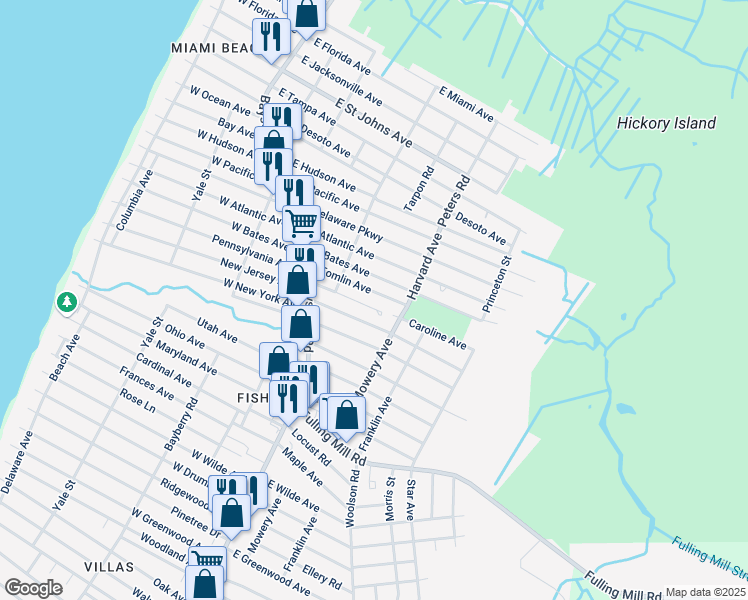 map of restaurants, bars, coffee shops, grocery stores, and more near 22 Mowery Avenue in Villas