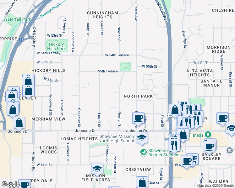 map of restaurants, bars, coffee shops, grocery stores, and more near 5700 Newton Street in Mission