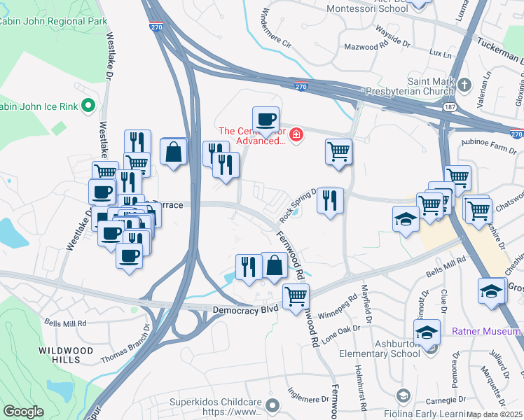 map of restaurants, bars, coffee shops, grocery stores, and more near 6670 Eames Way in Bethesda