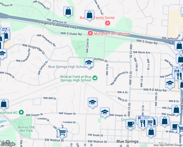 map of restaurants, bars, coffee shops, grocery stores, and more near 2000 Northwest Ashton Drive in Blue Springs
