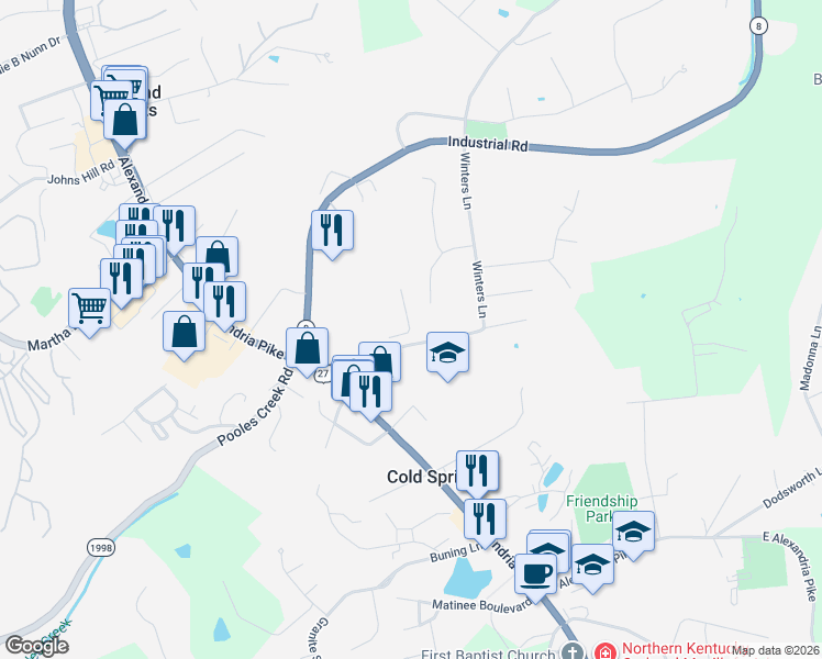 map of restaurants, bars, coffee shops, grocery stores, and more near in Highland Heights