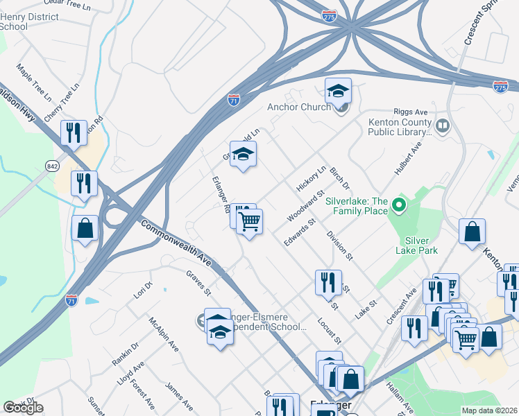 map of restaurants, bars, coffee shops, grocery stores, and more near 452 Center Street in Erlanger