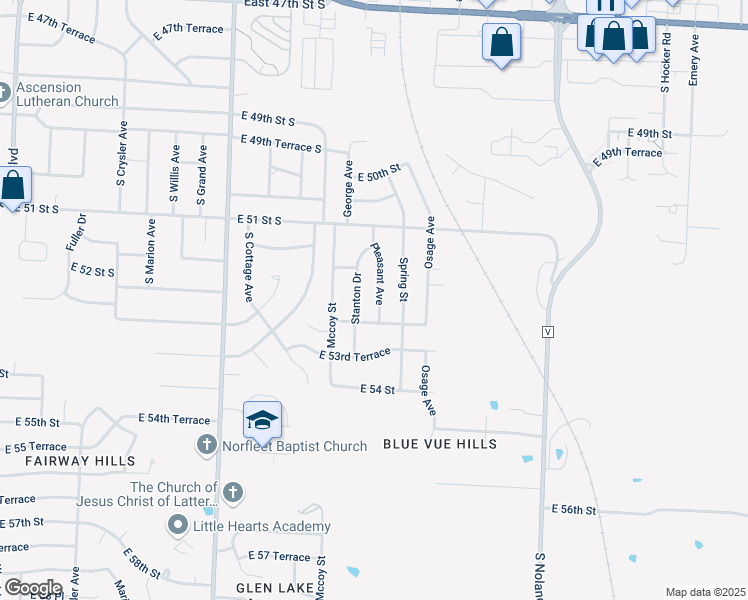 map of restaurants, bars, coffee shops, grocery stores, and more near 5224 Pleasant Avenue in Kansas City