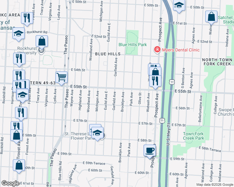 map of restaurants, bars, coffee shops, grocery stores, and more near 5528 Brooklyn Avenue in Kansas City