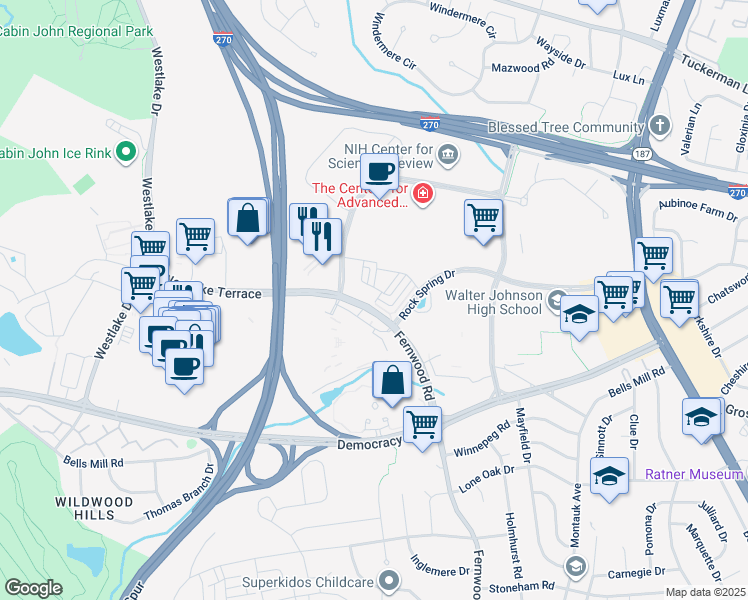 map of restaurants, bars, coffee shops, grocery stores, and more near 6670 Eames Way in Bethesda