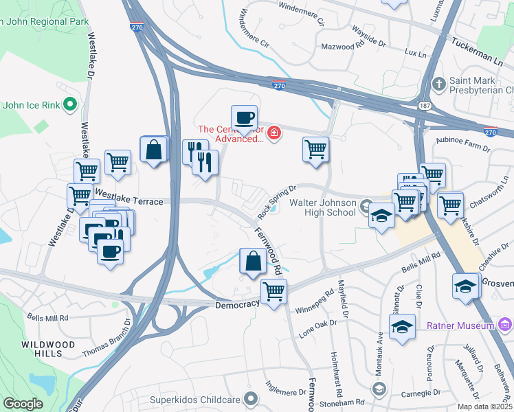map of restaurants, bars, coffee shops, grocery stores, and more near 6583 Rock Spring Drive in Bethesda